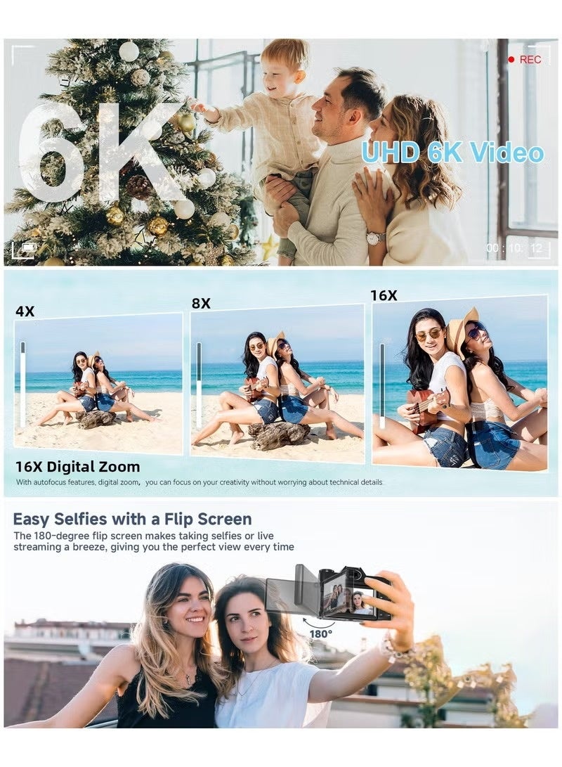 IqwiCam 6K Digital Camera, WiFi Vlogging Camera with 128GB Card, 64MP Point and Shoot Digital Cameras, 16X Digital Zoom, 3.0-inch IPS screen for Photography, Wide Angle & Macro Lens, 2 Batteries, Autofocus  - Image 2