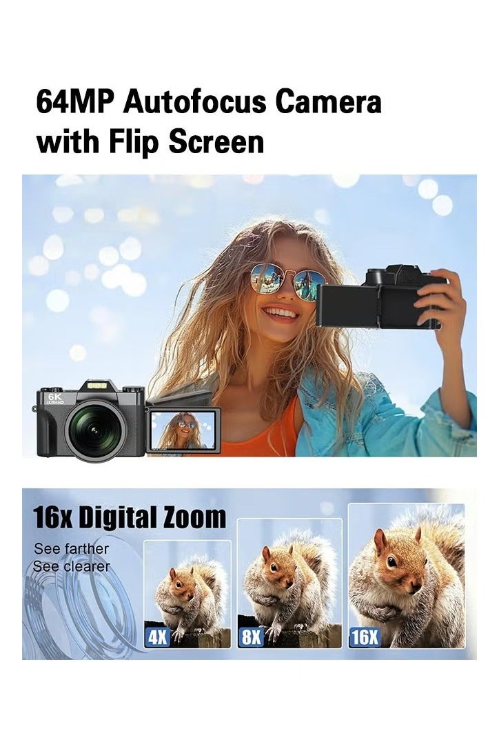 IqwiCam 6K Digital Camera, WiFi Vlogging Camera with 128GB Card, 64MP Point and Shoot Digital Cameras, 16X Digital Zoom, 3.0-inch IPS screen for Photography, Wide Angle & Macro Lens, 2 Batteries, Autofocus  - Image 4