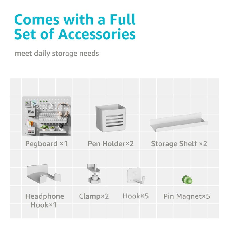 PEGZONE Clamp-on Desk Pegboard, Desk Organizer for Office Gaming Home, Magnetic Metal Peg Board with 15 Accessories, Privacy Panel for Office, 20.4" x 16.5", Large, White - Image 2