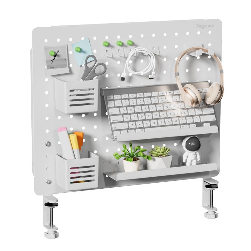 PEGZONE Clamp-on Desk Pegboard, Desk Organizer for Office Gaming Home, Magnetic Metal Peg Board with 15 Accessories, Privacy Panel for Office, 20.4" x 16.5", Large, White - Image 1