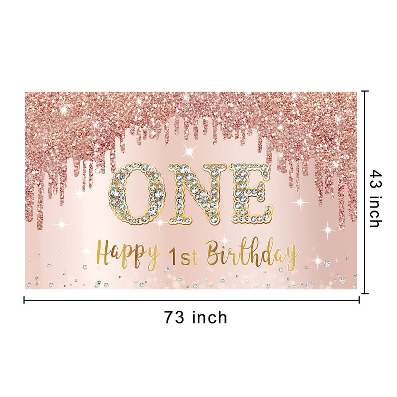 Bumqviy Happy 1st Birthday Banner Backdrop Decorations for Girls, Rose Gold 1 Year Old Birthday Party Sign Supplies, Pink One Birthday Poster Background Photo Booth Props Decor - Image 2