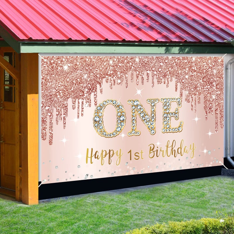 Bumqviy Happy 1st Birthday Banner Backdrop Decorations for Girls, Rose Gold 1 Year Old Birthday Party Sign Supplies, Pink One Birthday Poster Background Photo Booth Props Decor - Image 3