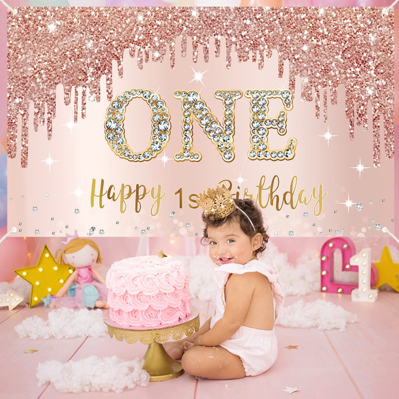 Bumqviy Happy 1st Birthday Banner Backdrop Decorations for Girls, Rose Gold 1 Year Old Birthday Party Sign Supplies, Pink One Birthday Poster Background Photo Booth Props Decor - Image 5