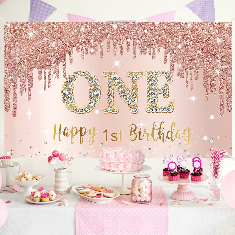 Bumqviy Happy 1st Birthday Banner Backdrop Decorations for Girls, Rose Gold 1 Year Old Birthday Party Sign Supplies, Pink One Birthday Poster Background Photo Booth Props Decor - Image 4