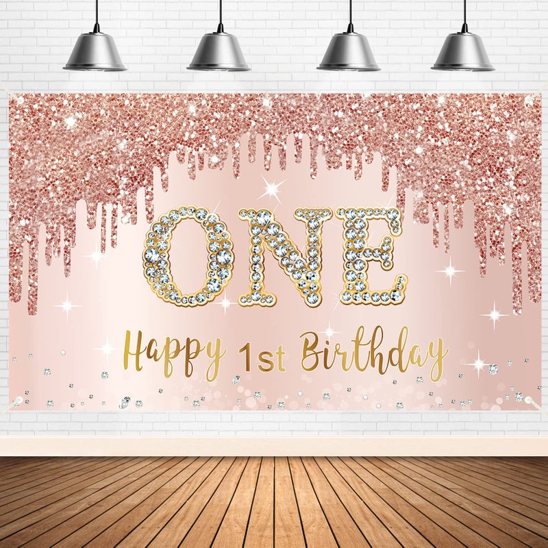 Bumqviy Happy 1st Birthday Banner Backdrop Decorations for Girls, Rose Gold 1 Year Old Birthday Party Sign Supplies, Pink One Birthday Poster Background Photo Booth Props Decor - Image 1