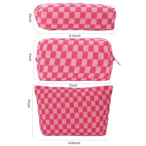 LYDZTION Large Capacity Makeup Bag Set - 3 Pieces Checkered Cosmetic Bag for Women Travel Makeup Bag Organizer Cute Makeup Brushes Storage Bag Travel Toiletry Bag Storage Bag for Women,Pink - Image 2