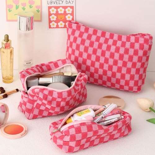 LYDZTION Large Capacity Makeup Bag Set - 3 Pieces Checkered Cosmetic Bag for Women Travel Makeup Bag Organizer Cute Makeup Brushes Storage Bag Travel Toiletry Bag Storage Bag for Women,Pink - Image 3
