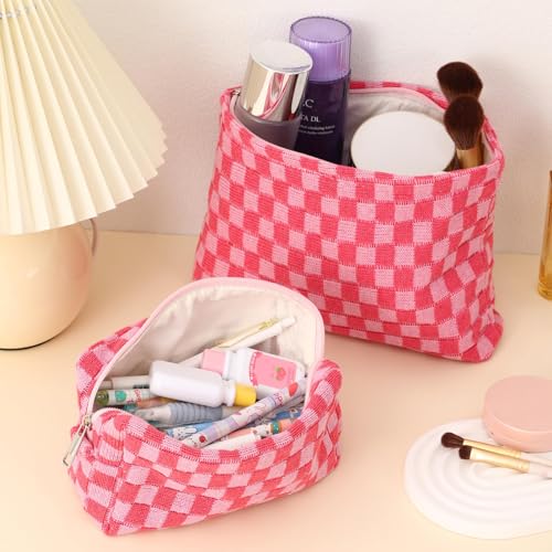LYDZTION Large Capacity Makeup Bag Set - 3 Pieces Checkered Cosmetic Bag for Women Travel Makeup Bag Organizer Cute Makeup Brushes Storage Bag Travel Toiletry Bag Storage Bag for Women,Pink - Image 5
