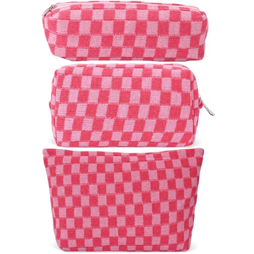 LYDZTION Large Capacity Makeup Bag Set - 3 Pieces Checkered Cosmetic Bag for Women Travel Makeup Bag Organizer Cute Makeup Brushes Storage Bag Travel Toiletry Bag Storage Bag for Women,Pink - Image 1
