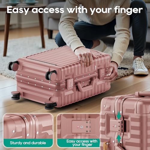 Joyway 20 Inch Carry on Luggage with Aluminium Frame and Front Pocket, PC Hardshell Suitcase with USB Port and Cup Holder, 21.5x14.2x9 Airline Approved, Luggage with Spinner Wheel TSA Lock(Rose Gold) - Image 4