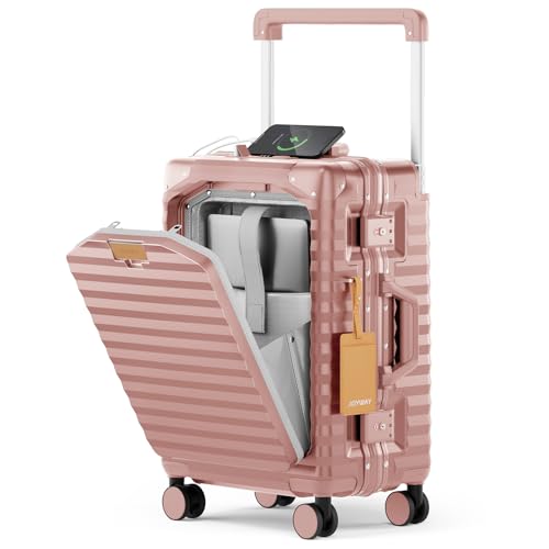 Joyway 20 Inch Carry on Luggage with Aluminium Frame and Front Pocket, PC Hardshell Suitcase with USB Port and Cup Holder, 21.5x14.2x9 Airline Approved, Luggage with Spinner Wheel TSA Lock(Rose Gold) - Image 1