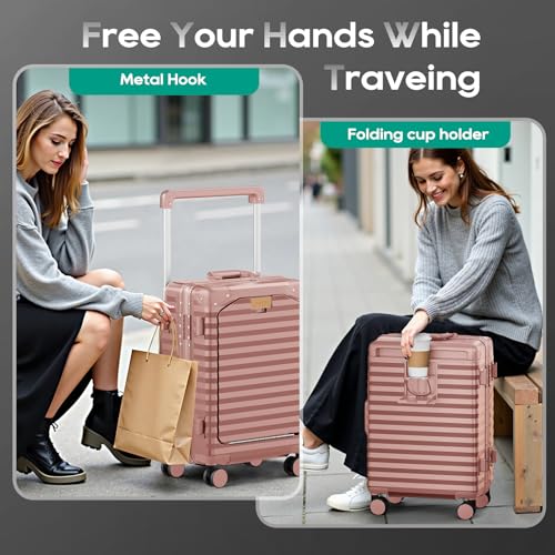 Joyway 20 Inch Carry on Luggage with Aluminium Frame and Front Pocket, PC Hardshell Suitcase with USB Port and Cup Holder, 21.5x14.2x9 Airline Approved, Luggage with Spinner Wheel TSA Lock(Rose Gold) - Image 2