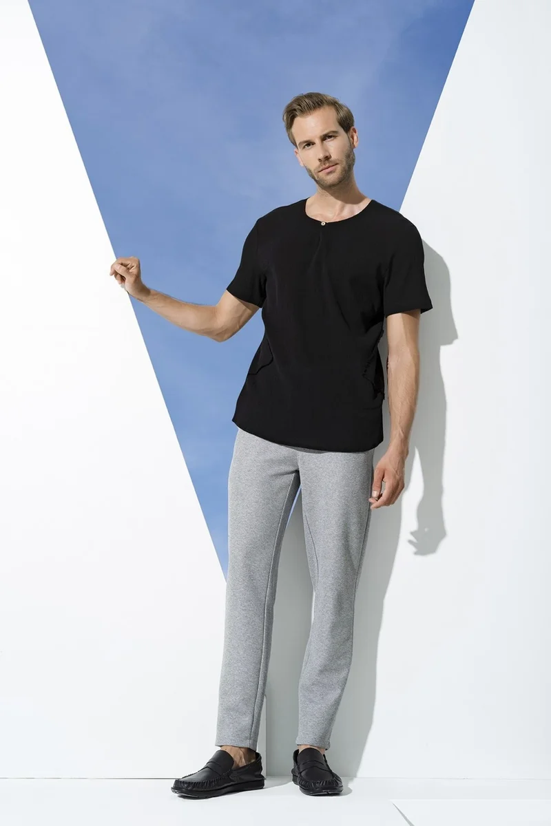 فور يو مان Organic One Button Short Sleeve Black Shirt S27061
