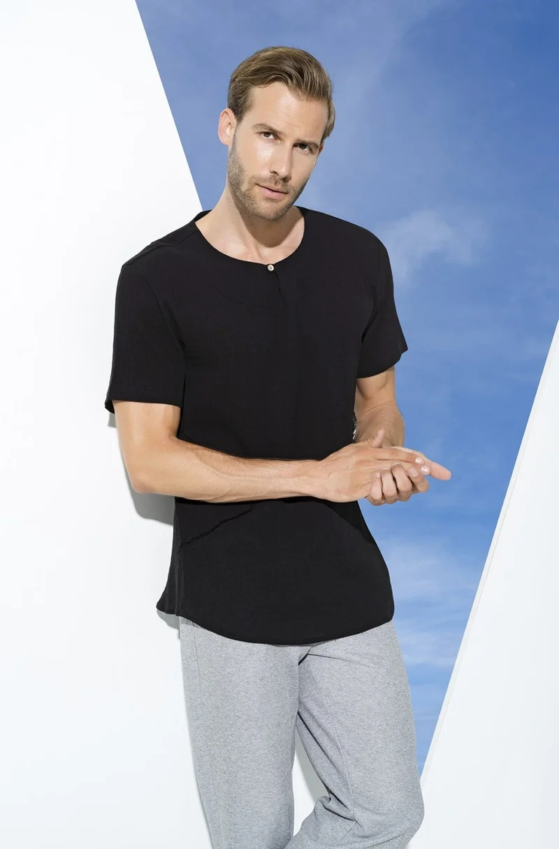 فور يو مان Organic One Button Short Sleeve Black Shirt S27061