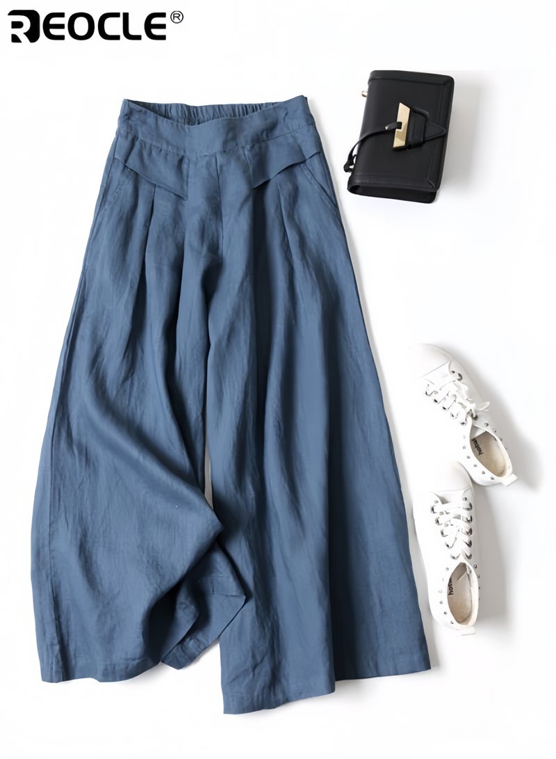 ريوكل نسائي واسعة الساق السراويل القطن والكتان عالية الخصر تنورة السراويل فضفاضة وشبه مرنة التخسيس قصيص السراويل - Image 1
