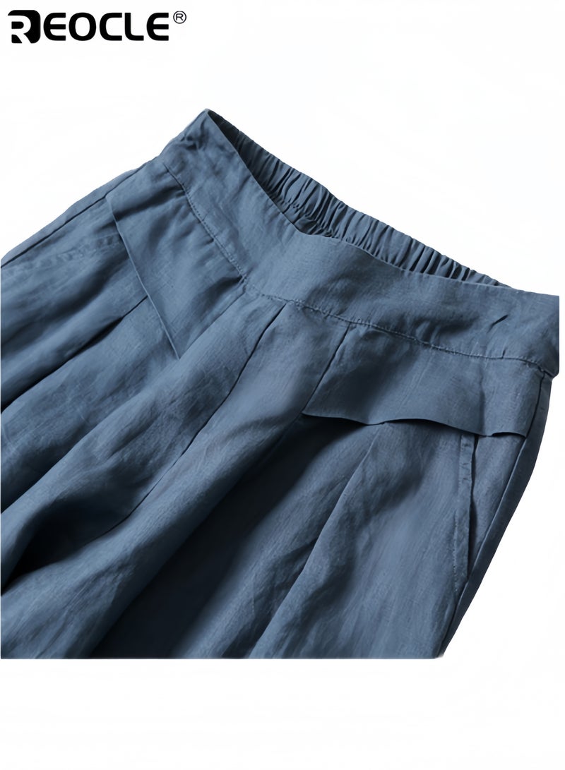 ريوكل نسائي واسعة الساق السراويل القطن والكتان عالية الخصر تنورة السراويل فضفاضة وشبه مرنة التخسيس قصيص السراويل - Image 2