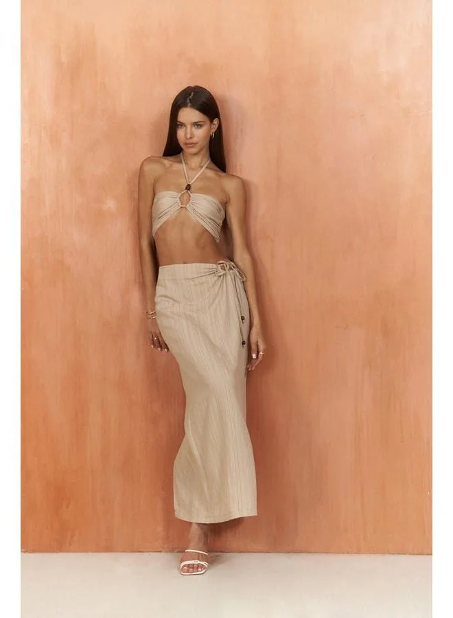 Lovina Striped Beige Crop Skirt Set.