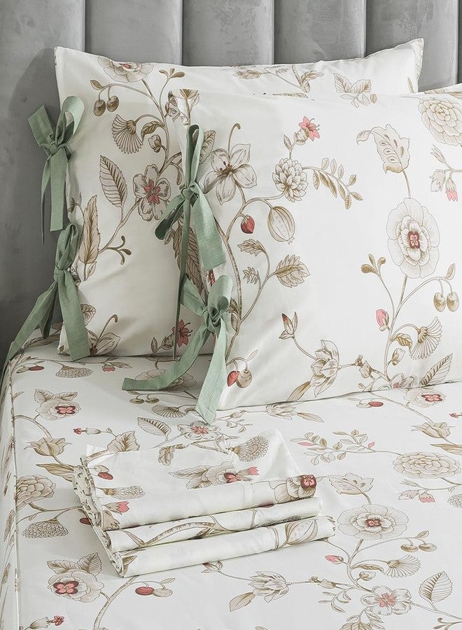 FADFAY Floral King Sheets Premium Cotton Beige Bed Sheet Shabby Vintage Chic Bedding Pink Flower Patterned Bowknot Design Soft Crisp Breathable Deep Pocket Fitted Sheets 17.5 inches 4Pcs - Image 1