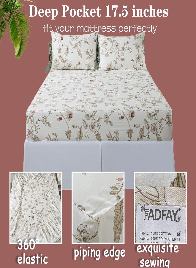 FADFAY Floral King Sheets Premium Cotton Beige Bed Sheet Shabby Vintage Chic Bedding Pink Flower Patterned Bowknot Design Soft Crisp Breathable Deep Pocket Fitted Sheets 17.5 inches 4Pcs - Image 4