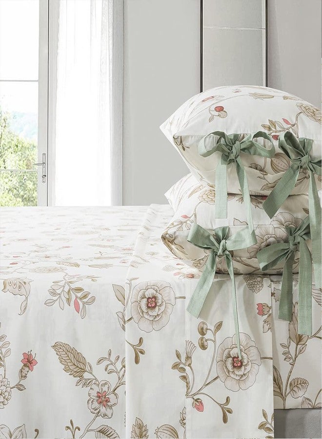 FADFAY Floral King Sheets Premium Cotton Beige Bed Sheet Shabby Vintage Chic Bedding Pink Flower Patterned Bowknot Design Soft Crisp Breathable Deep Pocket Fitted Sheets 17.5 inches 4Pcs - Image 2