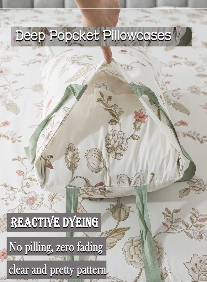 FADFAY Floral King Sheets Premium Cotton Beige Bed Sheet Shabby Vintage Chic Bedding Pink Flower Patterned Bowknot Design Soft Crisp Breathable Deep Pocket Fitted Sheets 17.5 inches 4Pcs - Image 5