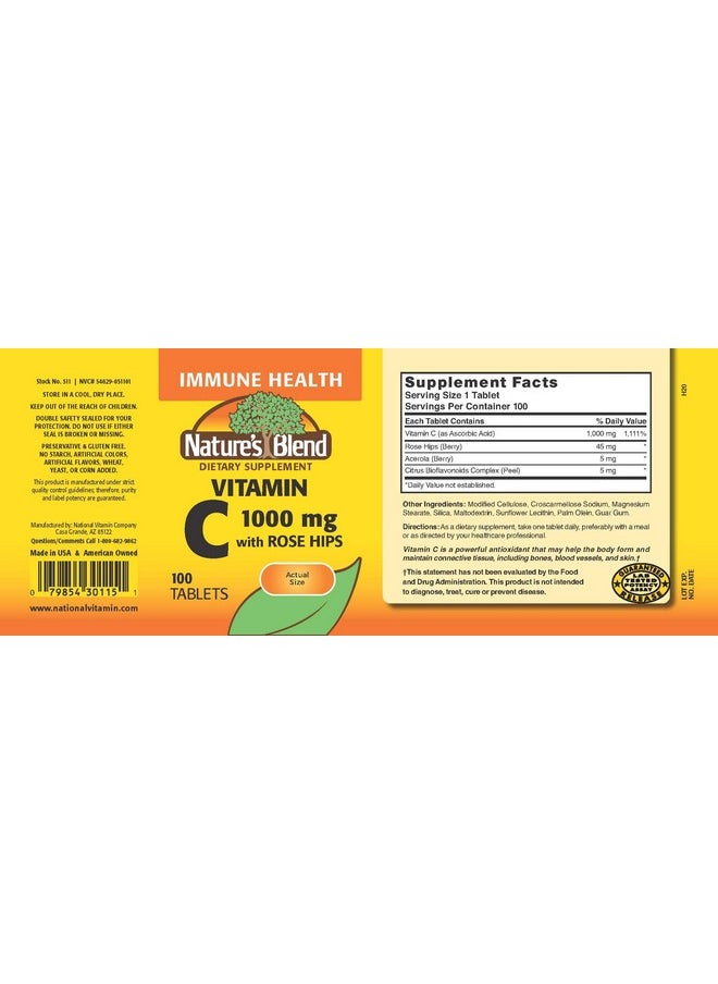 Nature's Blend - Nature`s Blend Vitamin C 1000mg w/Rose Hips Tablets 100 ct - Image 1