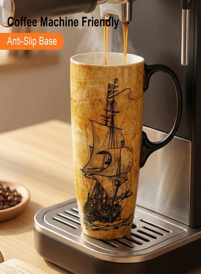 DUSVALLY Ceramic Coffee Mug Travel Cup with Lid for Car Cup Holder, Porcelain Tall Tea Cup for Latte, Cappuccino and Cocoa, 17 Oz, Sailboat - Image 2