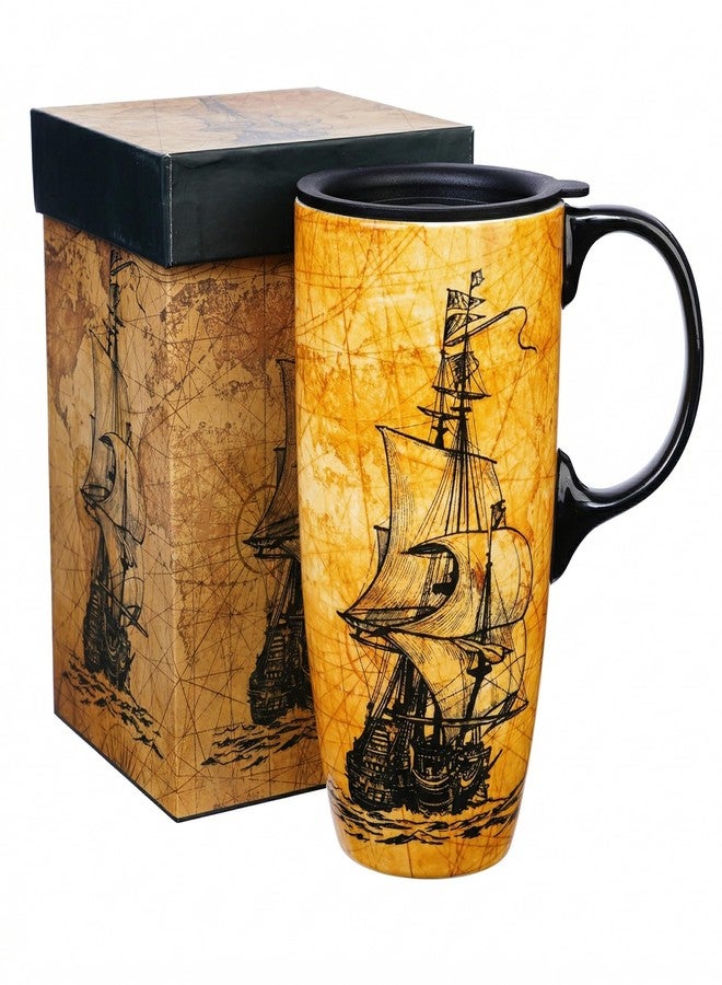 DUSVALLY Ceramic Coffee Mug Travel Cup with Lid for Car Cup Holder, Porcelain Tall Tea Cup for Latte, Cappuccino and Cocoa, 17 Oz, Sailboat - Image 1