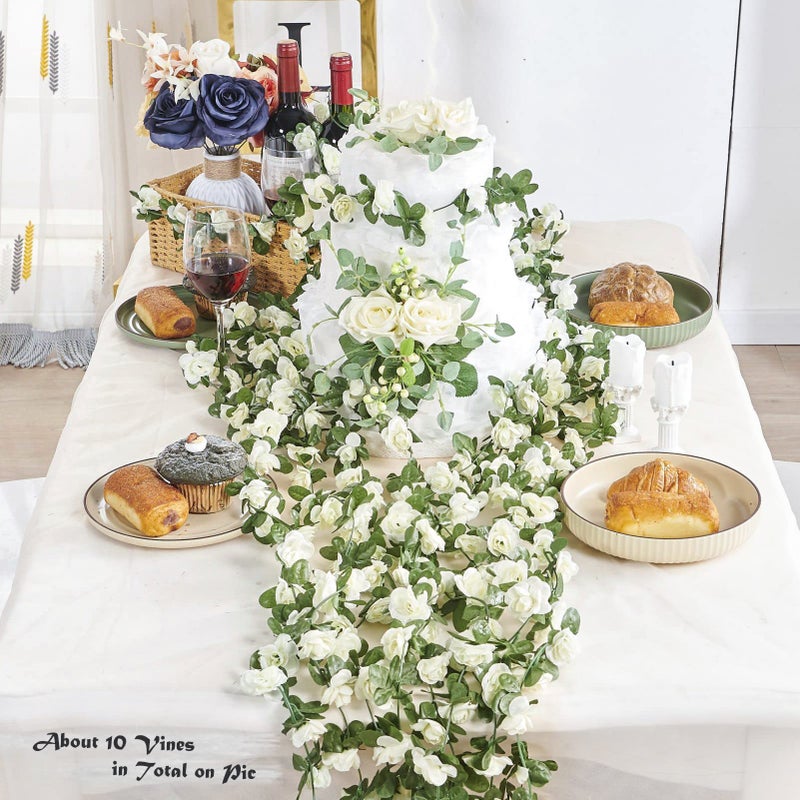 PONKING 8 Pcs x 8.2 ft Flower Garland Artificial Rose Vine Flowers with Green Leaves Hanging Fake Roses Vine for Room Party Home Wedding Birthday Christmas Wall Arch Decor, Spring White Flower - Image 3