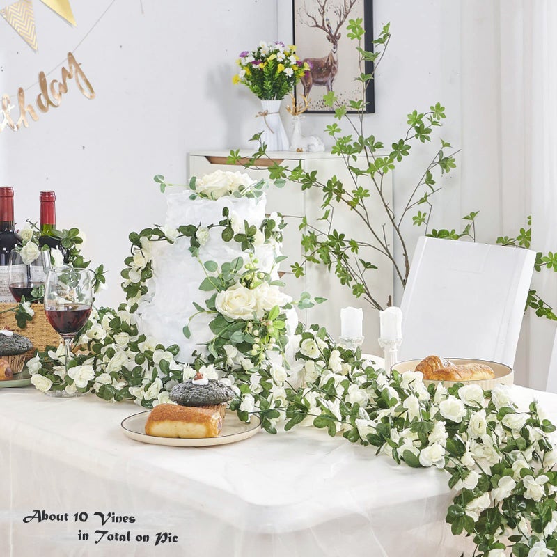 PONKING 8 Pcs x 8.2 ft Flower Garland Artificial Rose Vine Flowers with Green Leaves Hanging Fake Roses Vine for Room Party Home Wedding Birthday Christmas Wall Arch Decor, Spring White Flower - Image 2