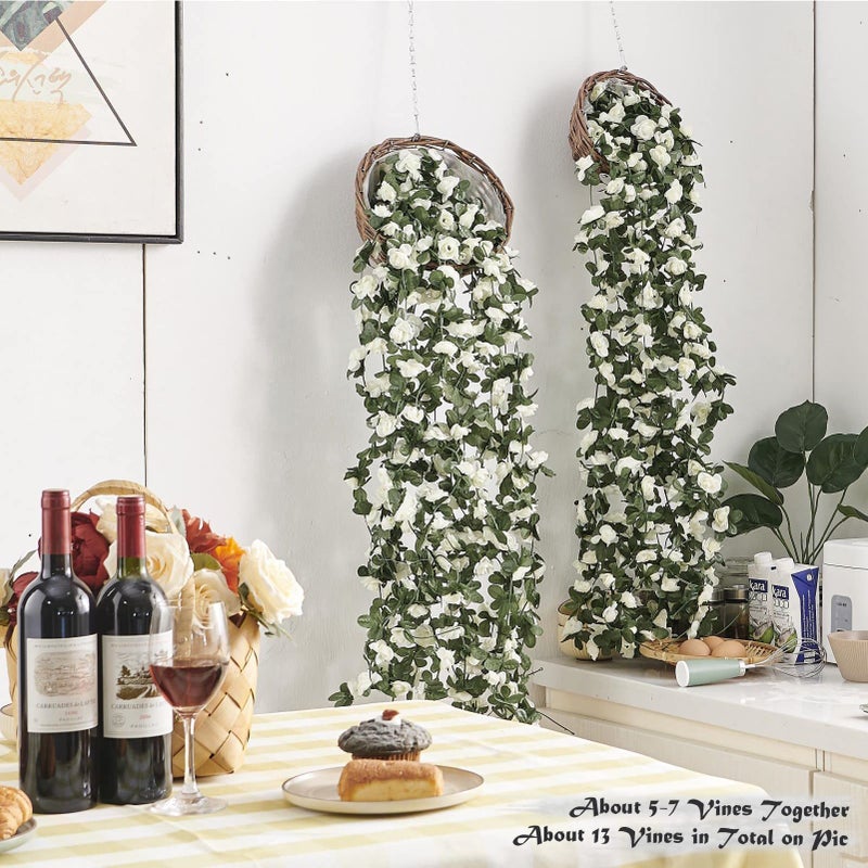PONKING 8 Pcs x 8.2 ft Flower Garland Artificial Rose Vine Flowers with Green Leaves Hanging Fake Roses Vine for Room Party Home Wedding Birthday Christmas Wall Arch Decor, Spring White Flower - Image 4