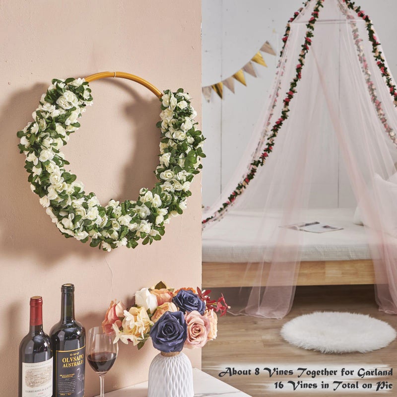 PONKING 8 Pcs x 8.2 ft Flower Garland Artificial Rose Vine Flowers with Green Leaves Hanging Fake Roses Vine for Room Party Home Wedding Birthday Christmas Wall Arch Decor, Spring White Flower - Image 5