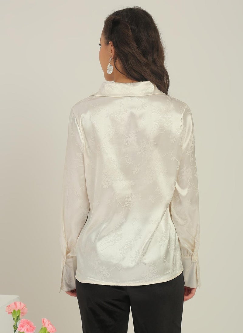 Globus Women's Beige Party Shirt with Spread Collar and Floral Self Design - Image 4