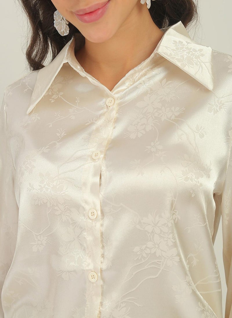 Globus Women's Beige Party Shirt with Spread Collar and Floral Self Design - Image 5