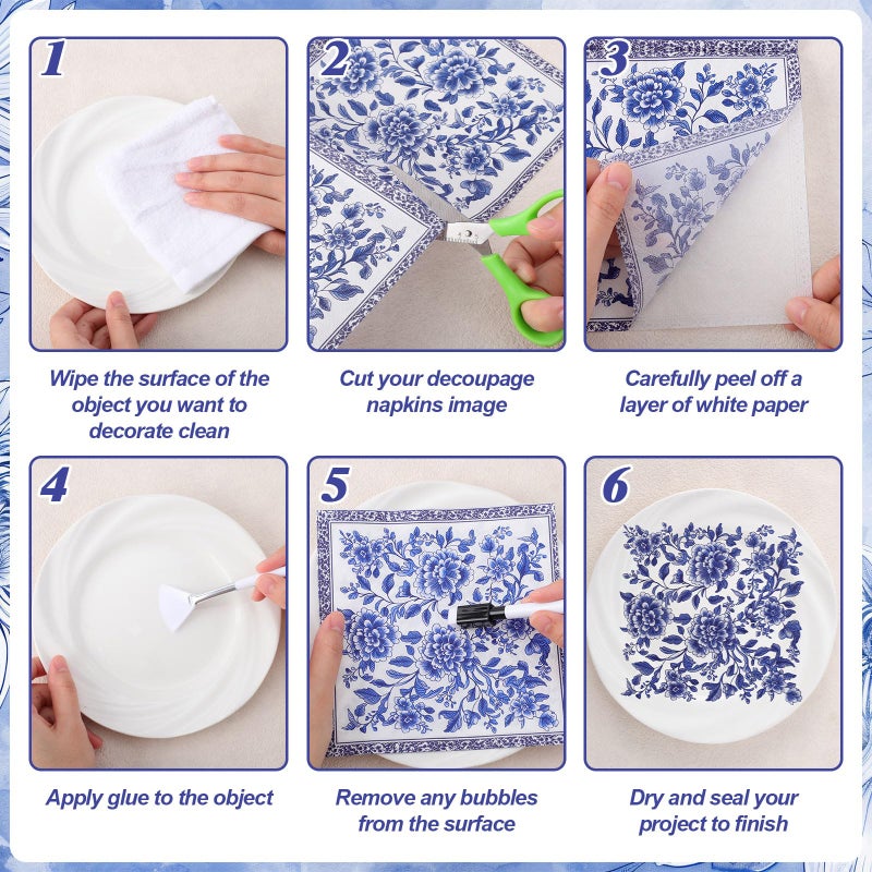 NatNarr 30 Pack Decoupage Napkins, 10 Styles Blue and White Floral Paper Napkins Chinoiserie Decorative Decoupage Napkin Printed Cocktail Paper for DIY Crafting Birthday Party Baby Shower - Image 4