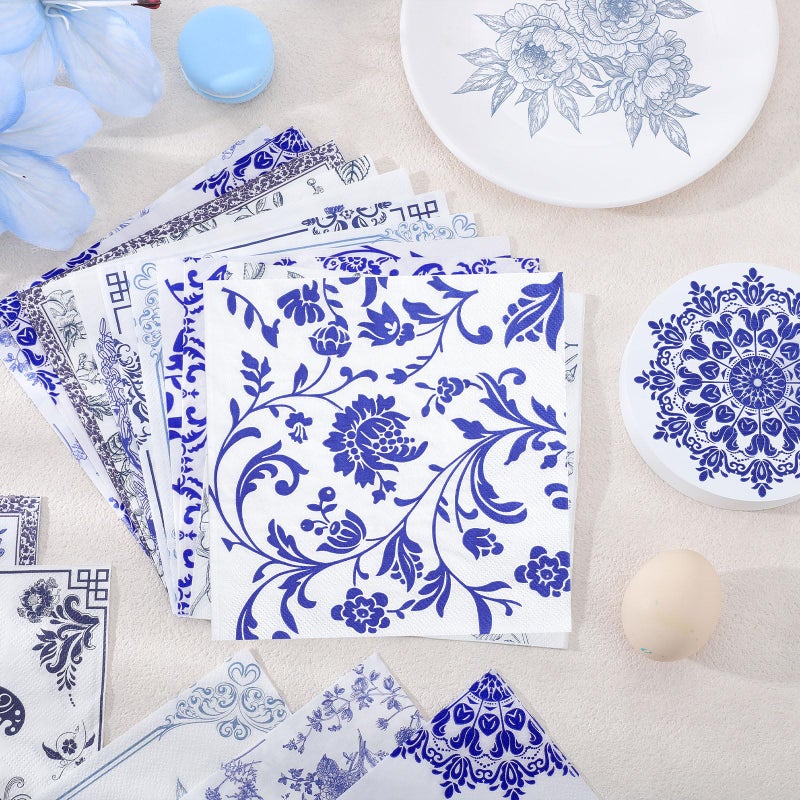 NatNarr 30 Pack Decoupage Napkins, 10 Styles Blue and White Floral Paper Napkins Chinoiserie Decorative Decoupage Napkin Printed Cocktail Paper for DIY Crafting Birthday Party Baby Shower - Image 3