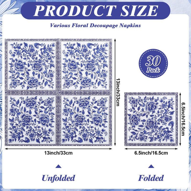 NatNarr 30 Pack Decoupage Napkins, 10 Styles Blue and White Floral Paper Napkins Chinoiserie Decorative Decoupage Napkin Printed Cocktail Paper for DIY Crafting Birthday Party Baby Shower - Image 2