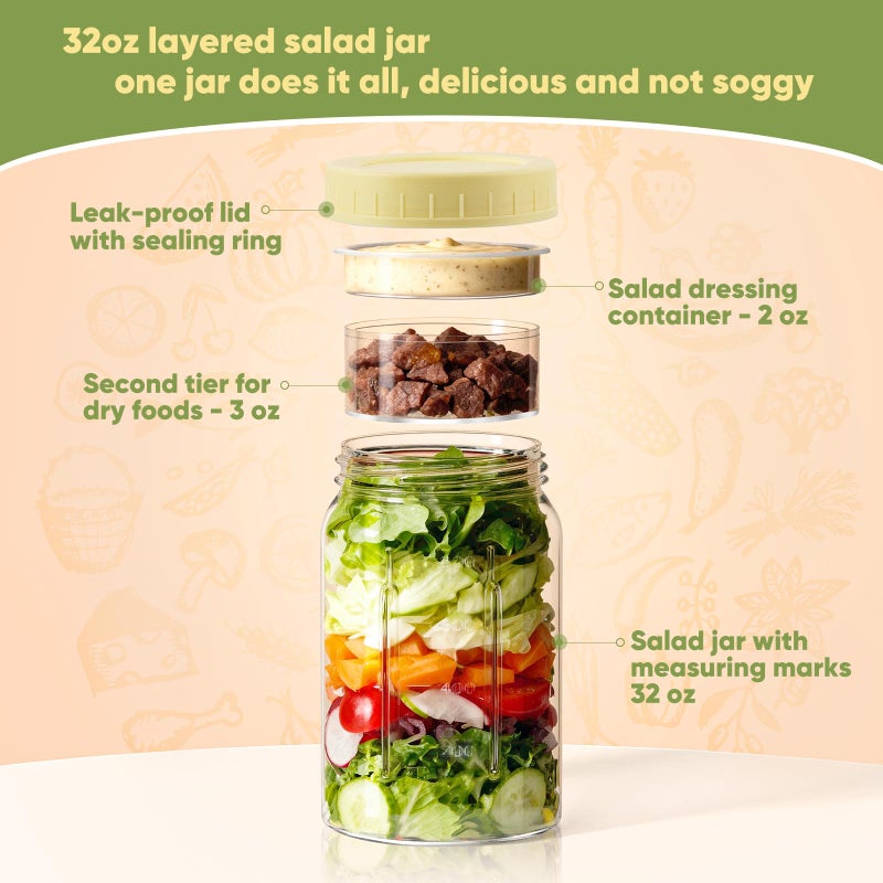 Yirilan 4 Pack Salad Jars with Dressing Container -32OZ Glass Salad Leakproof container for Fresh Lunch with 2 Built-In Compartments for Wet/Dry Separation, Mason Jar Salad Containers - Image 2