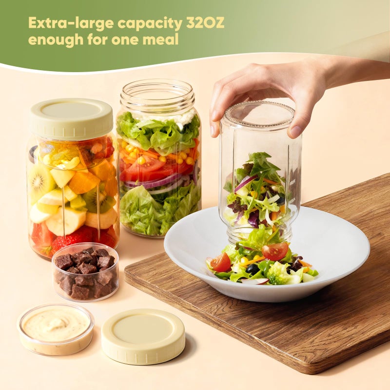 Yirilan 4 Pack Salad Jars with Dressing Container -32OZ Glass Salad Leakproof container for Fresh Lunch with 2 Built-In Compartments for Wet/Dry Separation, Mason Jar Salad Containers - Image 3