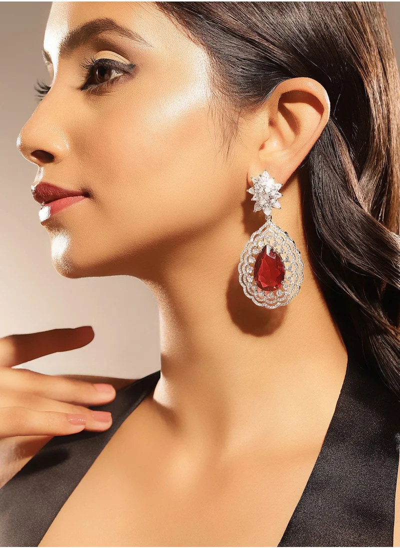 Priyaasi American Diamond-Stone Studded Teardrop Shaped Drop Earrings