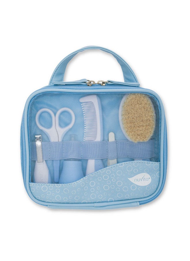 Nuvita - Essential Baby Care Kit - Nasal Aspirator, Small Scissors With Rounded Tips, Nail Clippers, Nail Files, Brush (With Pure Wool Bristles) And Comb - Blue - Image 1