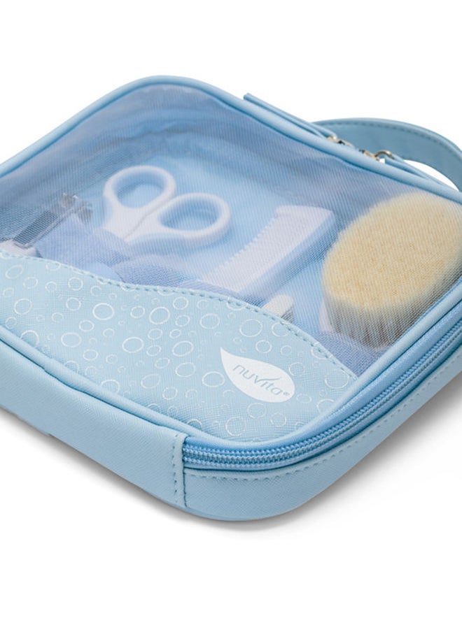 Nuvita - Essential Baby Care Kit - Nasal Aspirator, Small Scissors With Rounded Tips, Nail Clippers, Nail Files, Brush (With Pure Wool Bristles) And Comb - Blue - Image 1