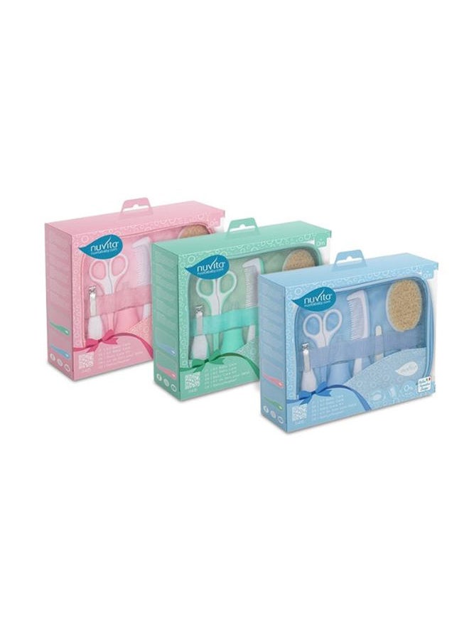 Nuvita - Essential Baby Care Kit - Nasal Aspirator, Small Scissors With Rounded Tips, Nail Clippers, Nail Files, Brush (With Pure Wool Bristles) And Comb - Blue - Image 1