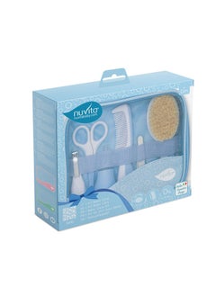 Essential Baby Care Kit - Nasal Aspirator, Small Scissors With Rounded Tips, Nail Clippers, Nail Files, Brush (With Pure Wool Bristles) And Comb - Blue