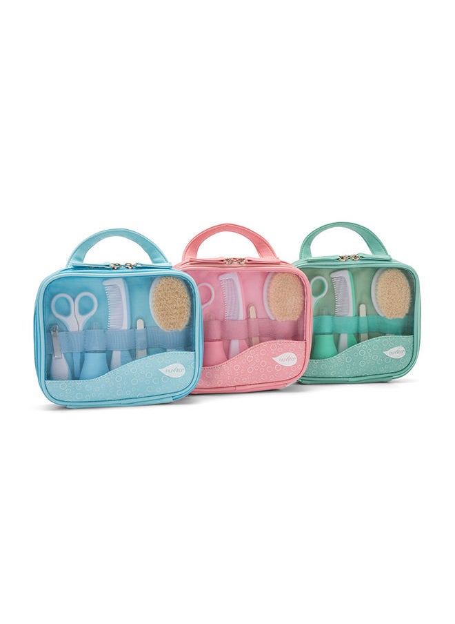 Nuvita - Essential Baby Care Kit - Nasal Aspirator, Small Scissors With Rounded Tips, Nail Clippers, Nail Files, Brush (With Pure Wool Bristles) And Comb - Blue - Image 1