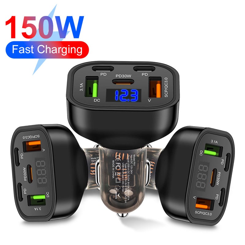 Standard 150W Five-In-One Car Charger With Digital Display 5-Port Car Charger With Voltage One Drag Five-Port Car Charger - Image 2