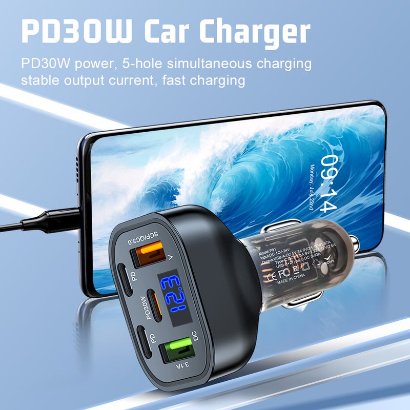 Standard 150W Five-In-One Car Charger With Digital Display 5-Port Car Charger With Voltage One Drag Five-Port Car Charger - Image 5