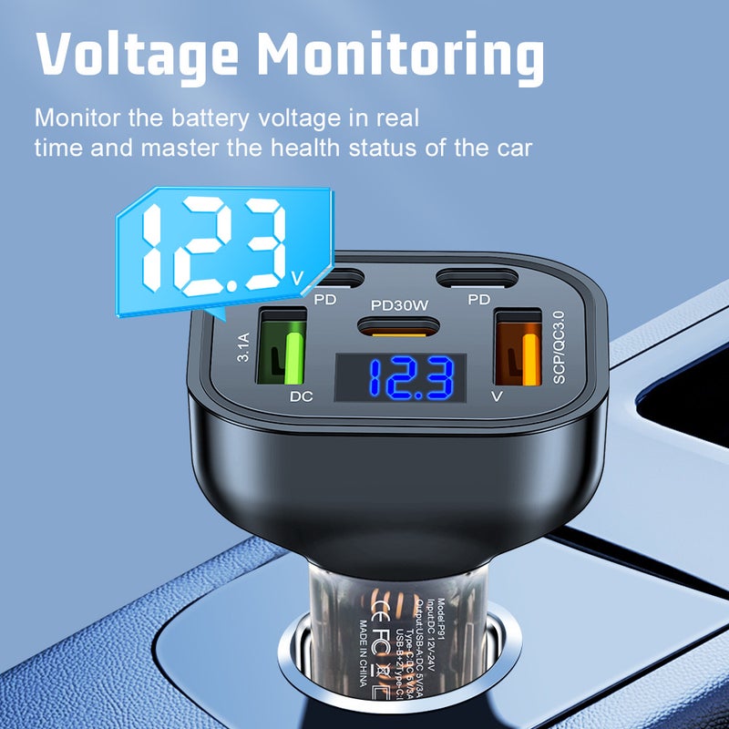 Standard 150W Five-In-One Car Charger With Digital Display 5-Port Car Charger With Voltage One Drag Five-Port Car Charger - Image 4