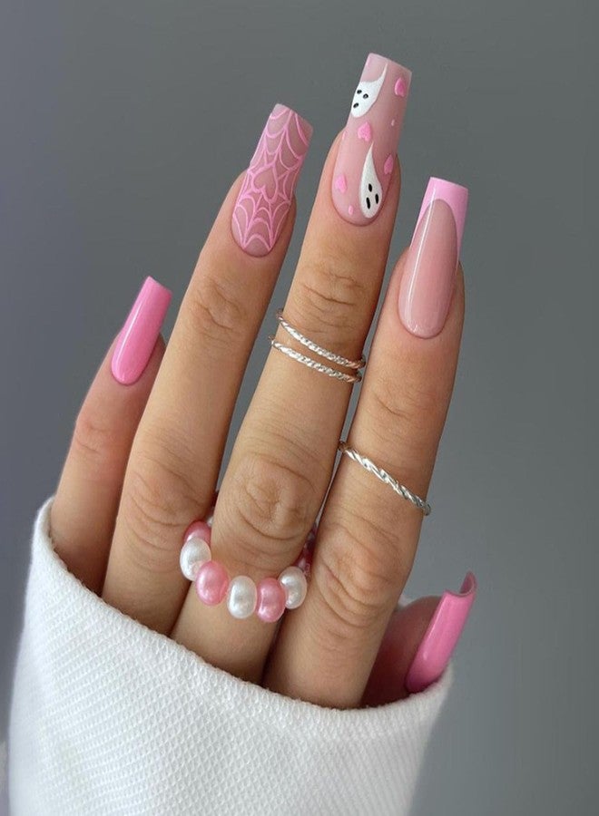 LRKNNO Halloween Press On Nails Medium Square French Tip With Ghost Designs - Pink Coffin Full Cover Fake Tips for Fall Holiday - Glue On Acrylic Nail Decorations for Women Girls 24Pcs - Image 1