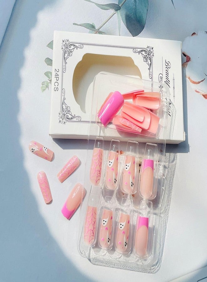 LRKNNO Halloween Press On Nails Medium Square French Tip With Ghost Designs - Pink Coffin Full Cover Fake Tips for Fall Holiday - Glue On Acrylic Nail Decorations for Women Girls 24Pcs - Image 2
